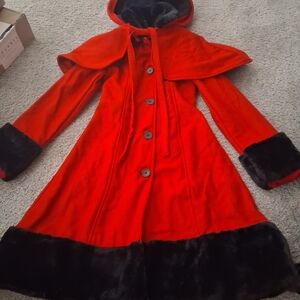 Red Hooded Women's Wool Cape Coat